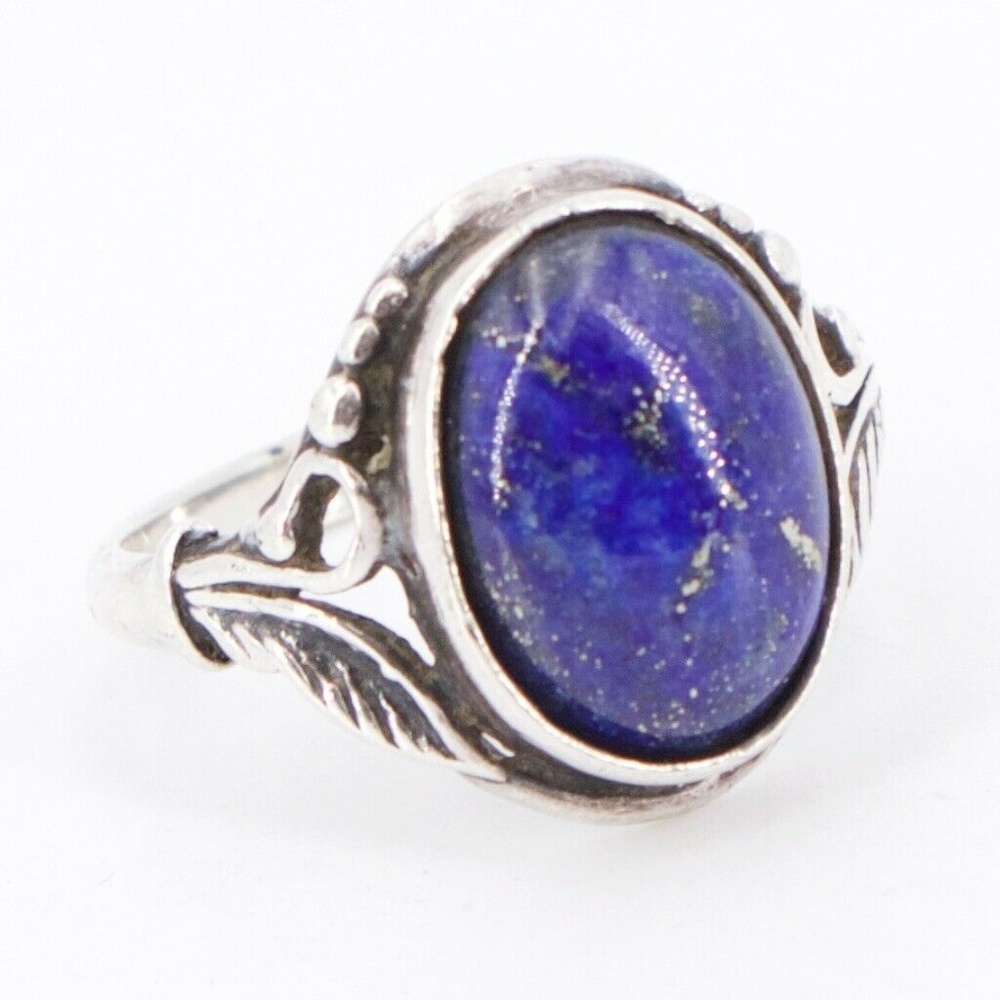 Vintage Lapis Lazuli Ring Sz 7 (Feathers & Scroll)